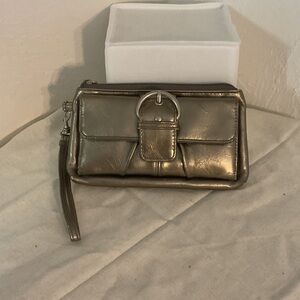 Metallic Silver Faux Leather Wristlet Wallet w/Buckle Accent, 8” x 5.5” x 1”